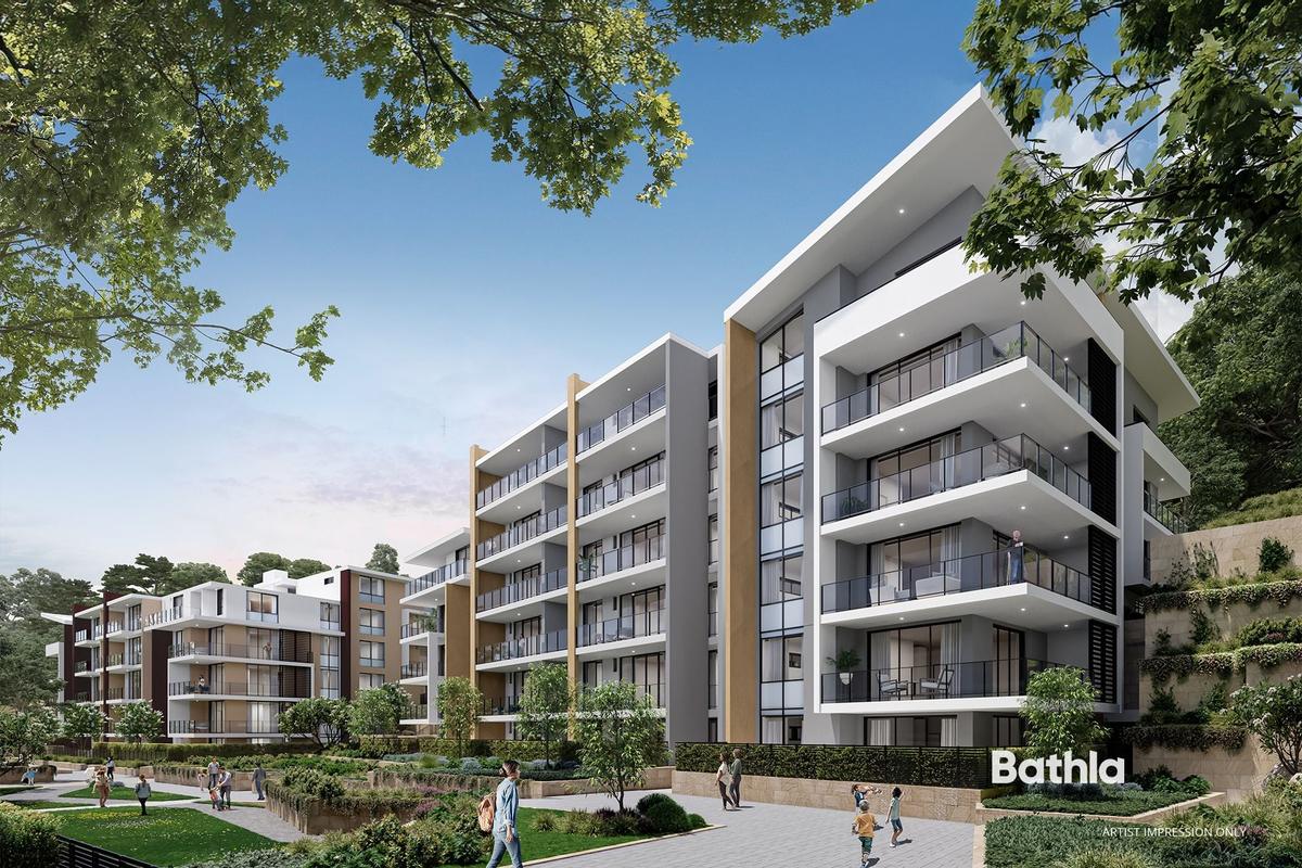 Artist's impression of a five-storey Bathla apartment development, landscaped grounds in the foreground.