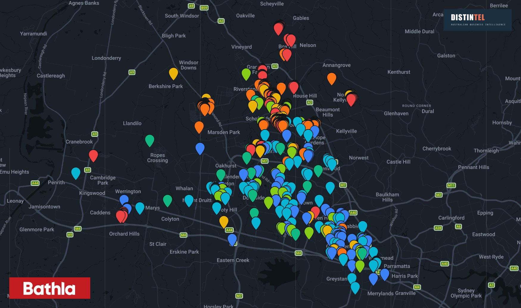 Map of north-western Sydney with home building compensation certificate
              locations plotted as coloured pins, densely clustered along the corridor from
              Marsden Park and Box Hill through Blacktown to Parramatta, and almost empty
              elsewhere.